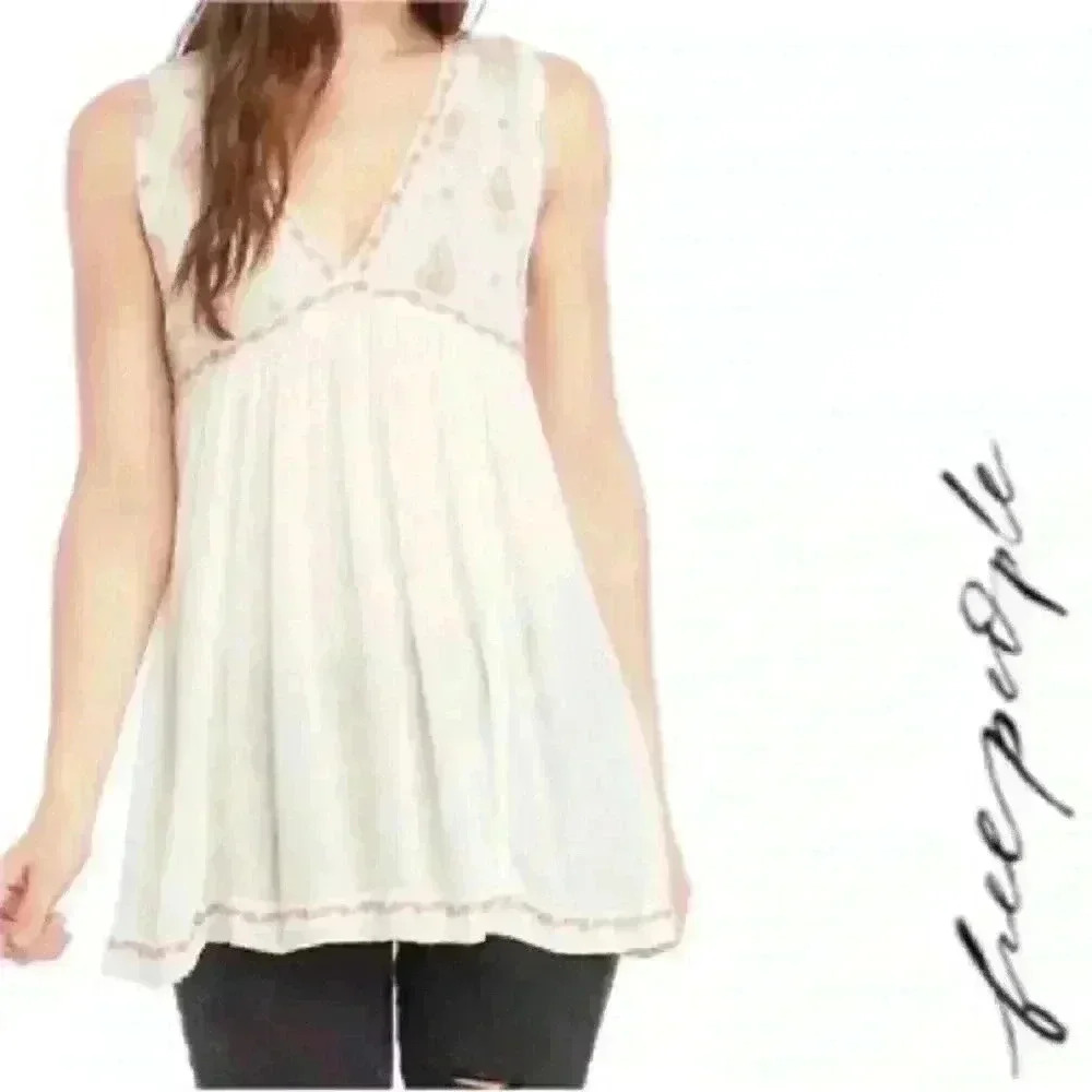 Free People Cream Lace-Trim Peplum Tank